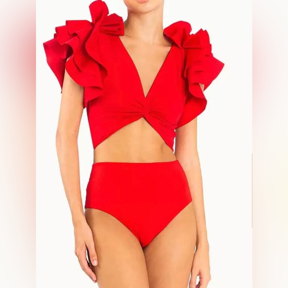 Two pieces swimsuit, high waisted, ruffle top, vibrant Red. BRAND NEW. Size S.